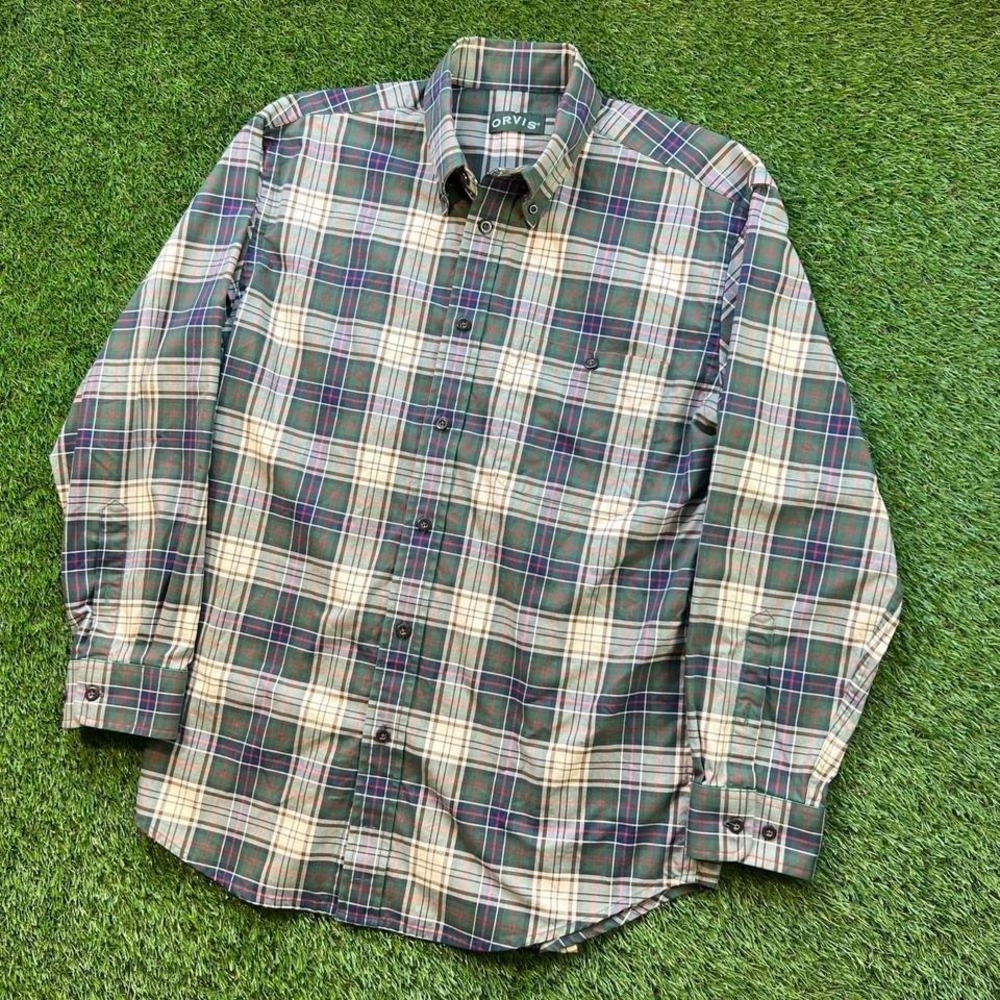 Orvis Shirt Mens L Tan Red Olive Plaid Signature Twill Cotton Long Sleeve